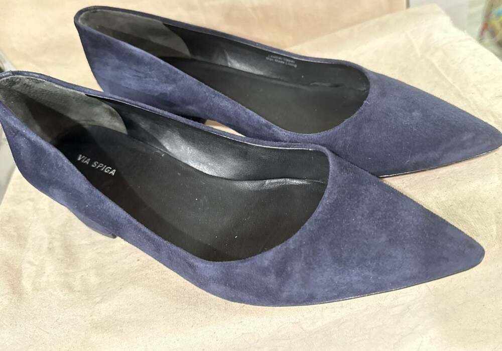 Via Spiga Navy Blue Suede Pointed Toe Block Heel Pumps